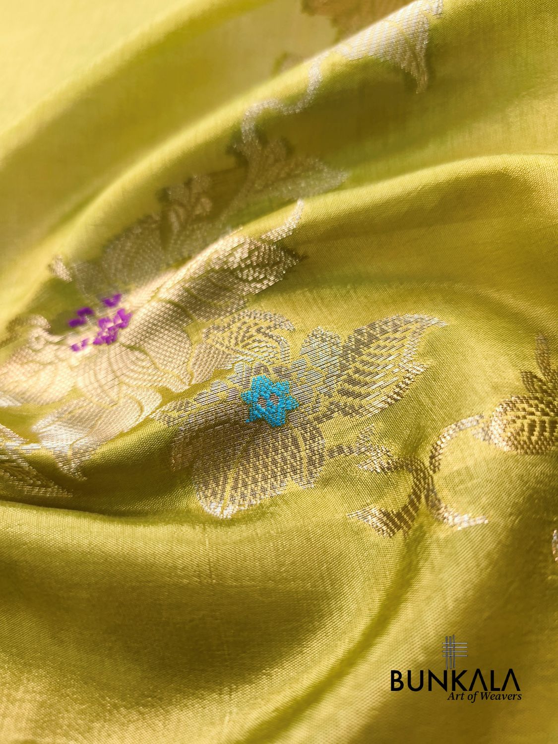 Lime Yellow Meena Floral Pure Banarasi Mango Silk Saree 