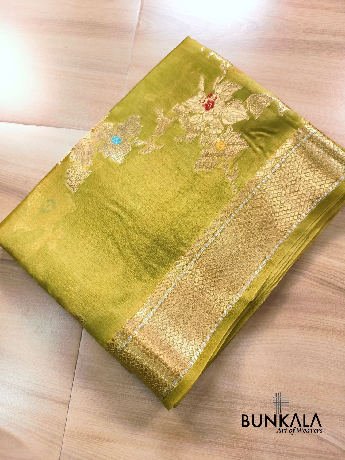 Lime Yellow Meena Floral Pure Banarasi Mango Silk Saree 