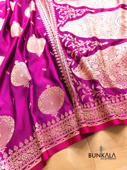 Magenta Pink Buta Banarasi Mashru Soft Silk Saree with Paisley Pallu 