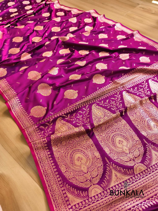 Magenta Pink Buta Banarasi Mashru Soft Silk Saree with Paisley Pallu 