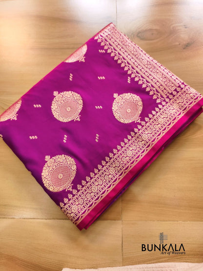 Magenta Pink Buta Banarasi Mashru Soft Silk Saree with Paisley Pallu 