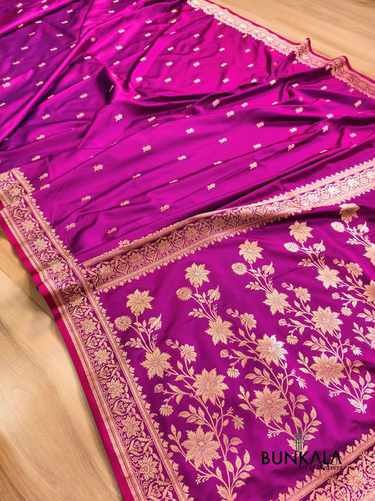 Magenta Pink Buti Banarasi Mashru Soft Silk Saree with Jaal Floral Pallu