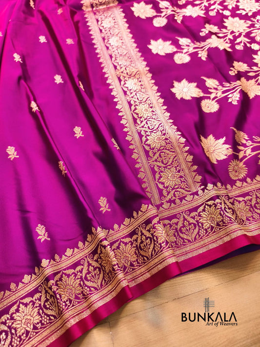 Magenta Pink Buti Banarasi Mashru Soft Silk Saree with Jaal Floral Pallu 