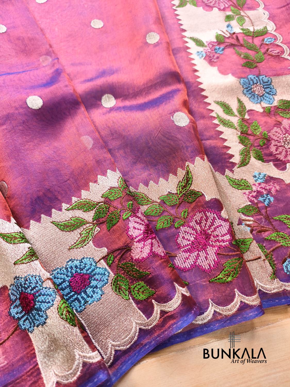 Magenta Pink Multicolour Floral Border Banarasi Embroidery Tissue Silk Saree