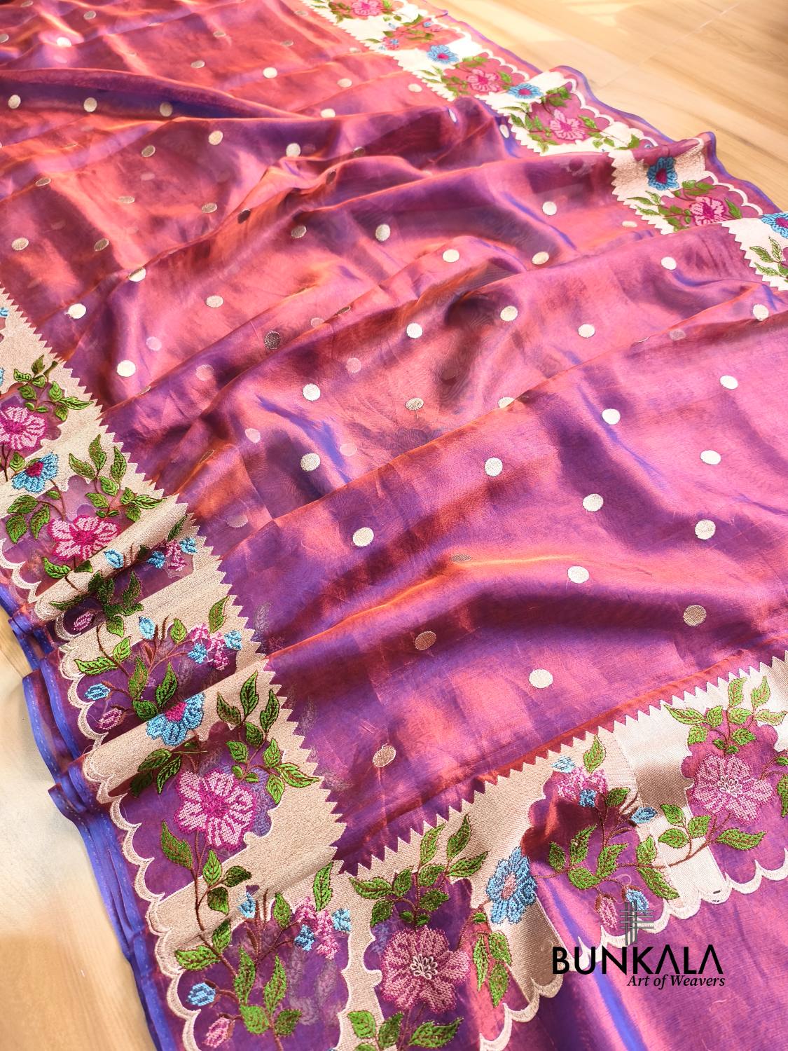 Magenta Pink Multicolour Floral Border Banarasi Embroidery Tissue Silk Saree