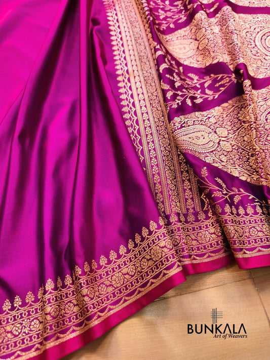 Magenta Pink Plain Banarasi Mashru Soft Silk Saree with Paisley Pallu 