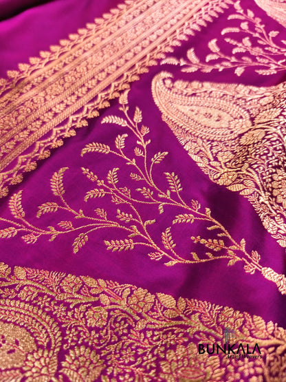 Magenta Pink Plain Banarasi Mashru Soft Silk Saree with Paisley Pallu 