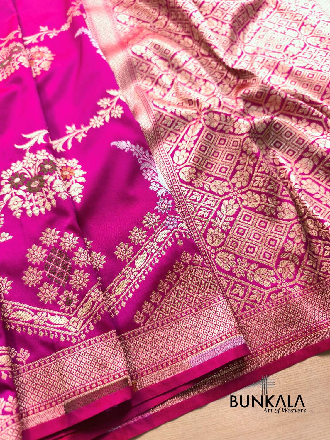 Magenta Pink Sona Rupa Meena Temple Border Banarasi Silk Saree 