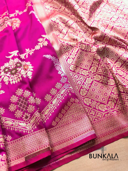 Magenta Pink Sona Rupa Meena Temple Border Banarasi Silk Saree 