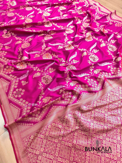 Magenta Pink Sona Rupa Meena Temple Border Banarasi Silk Saree 