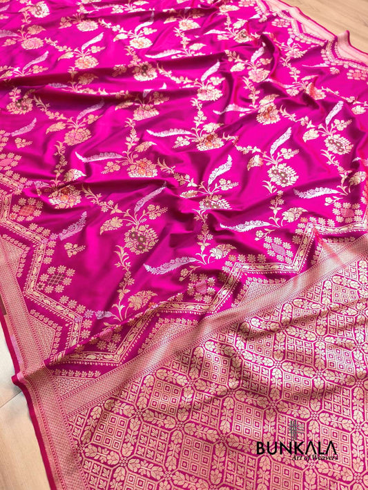 Magenta Pink Sona Rupa Meena Temple Border Banarasi Silk Saree 
