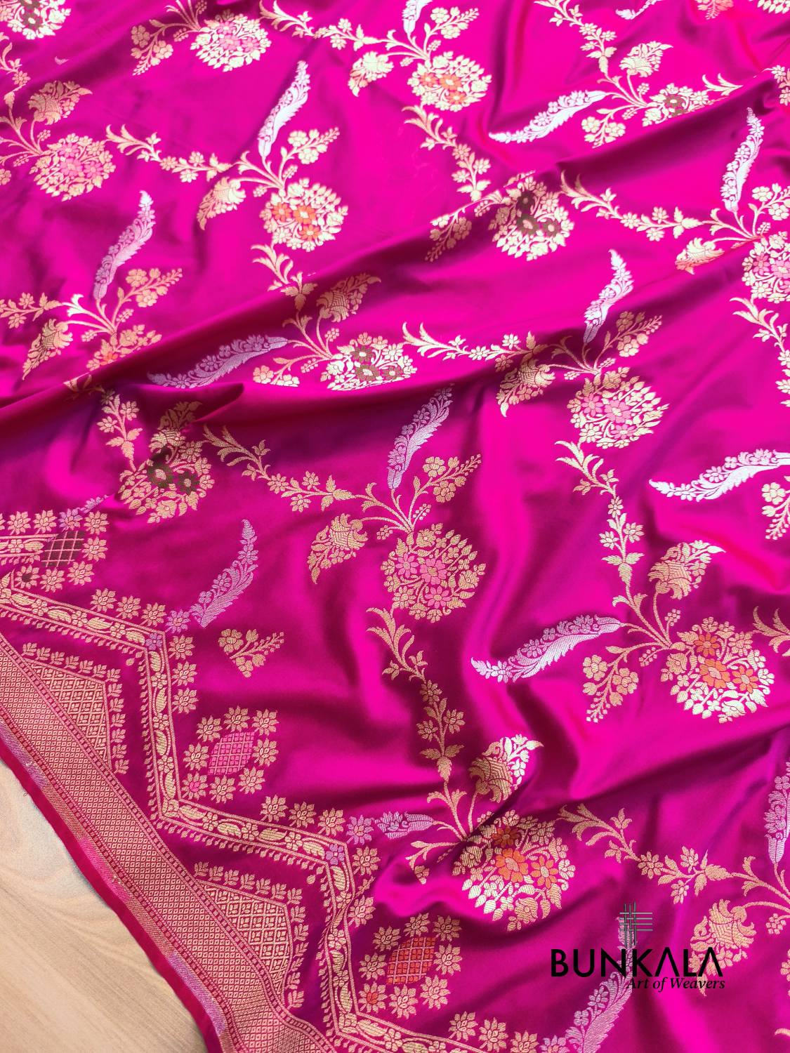 Magenta Pink Sona Rupa Meena Temple Border Banarasi Silk Saree 