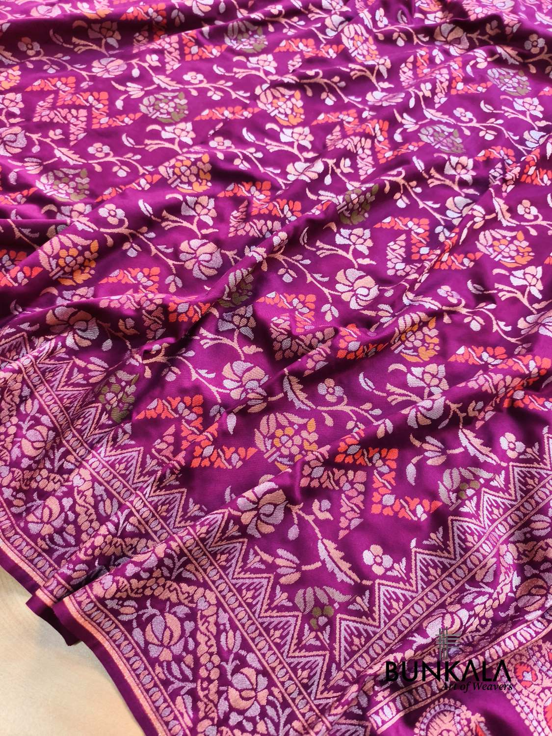 Magenta Purple Ektara Banarasi Jamdani Meena Geometric Weaved Silk Saree 