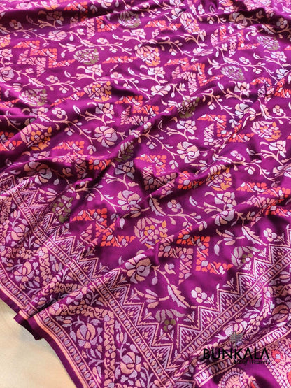 Magenta Purple Ektara Banarasi Jamdani Meena Geometric Weaved Silk Saree 
