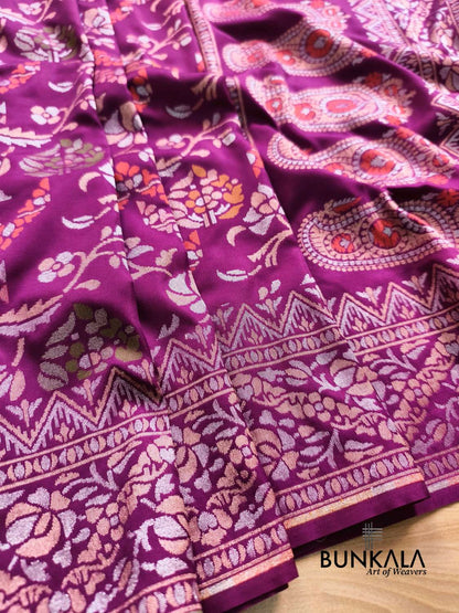 Magenta Purple Ektara Banarasi Jamdani Meena Geometric Weaved Silk Saree 