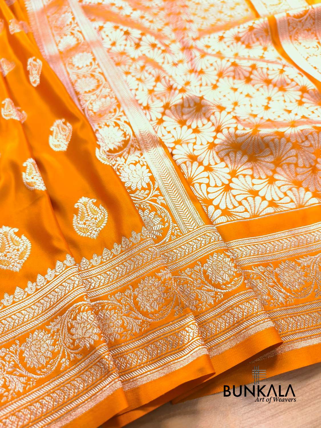 Mango Yellow Meena Vintage Buti Banarasi Mashru Silk Saree 