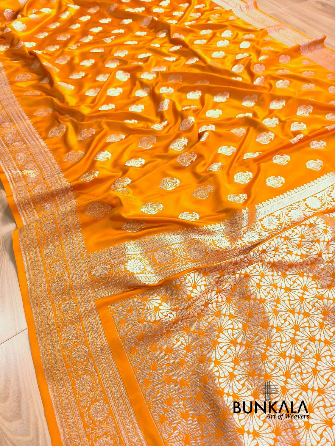 Mango Yellow Meena Vintage Buti Banarasi Mashru Silk Saree 