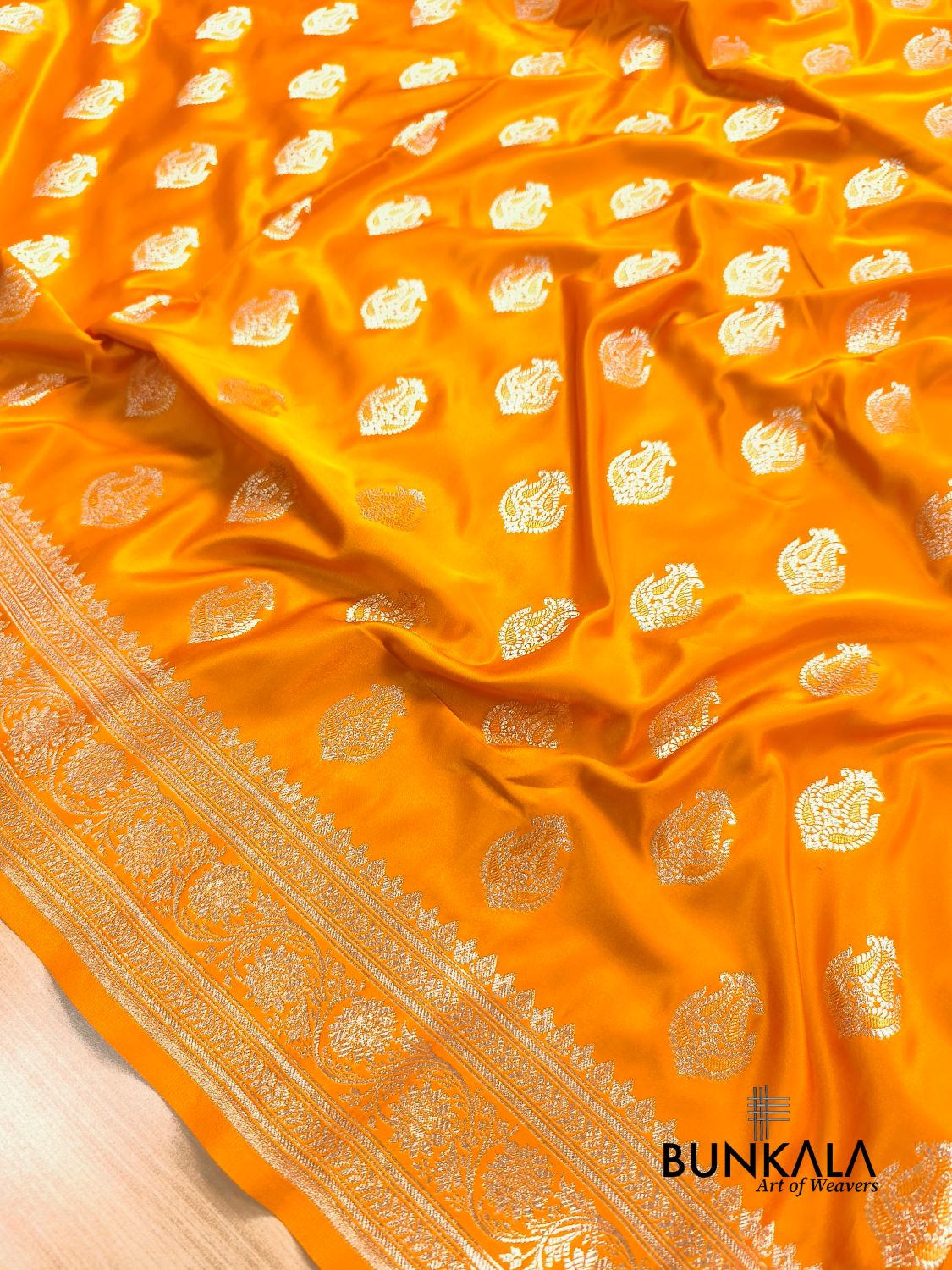 Mango Yellow Meena Vintage Buti Banarasi Mashru Silk Saree 