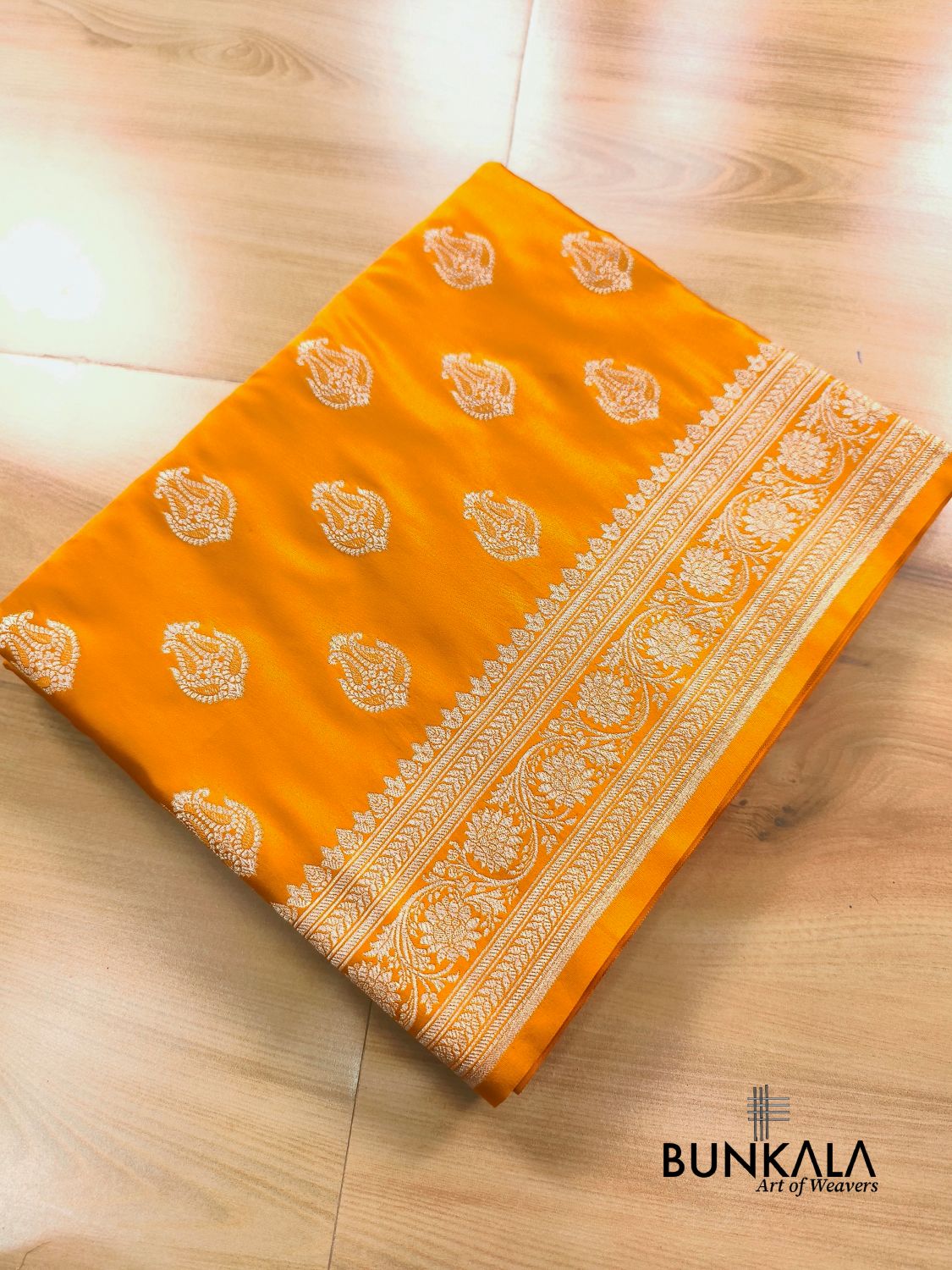 Mango Yellow Meena Vintage Buti Banarasi Mashru Silk Saree 