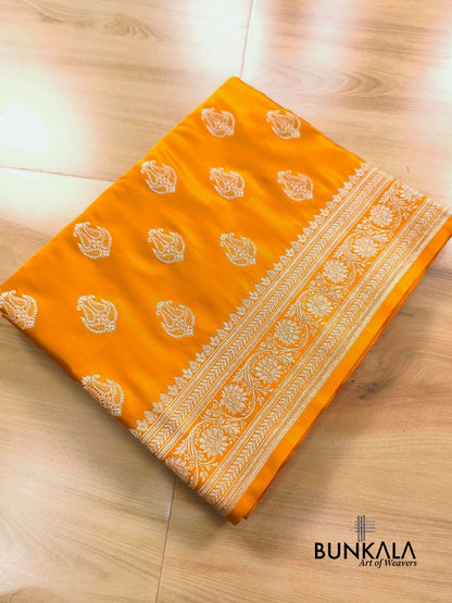 Mango Yellow Meena Vintage Buti Banarasi Mashru Silk Saree 