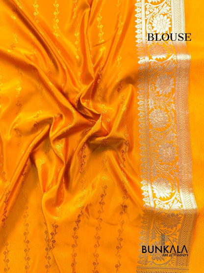 Mango Yellow Meena Vintage Buti Banarasi Mashru Silk Saree 