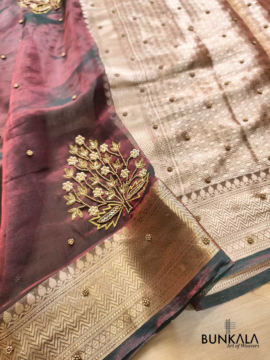 Maroon Pure Tissue Hand Embroidered Banarasi Saree
