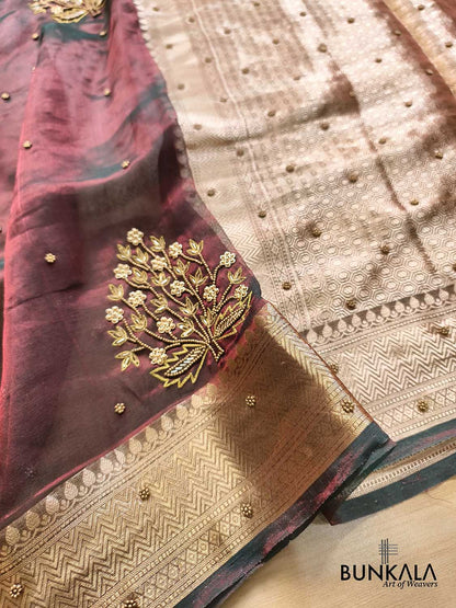 Maroon Pure Tissue Hand Embroidered Banarasi Saree