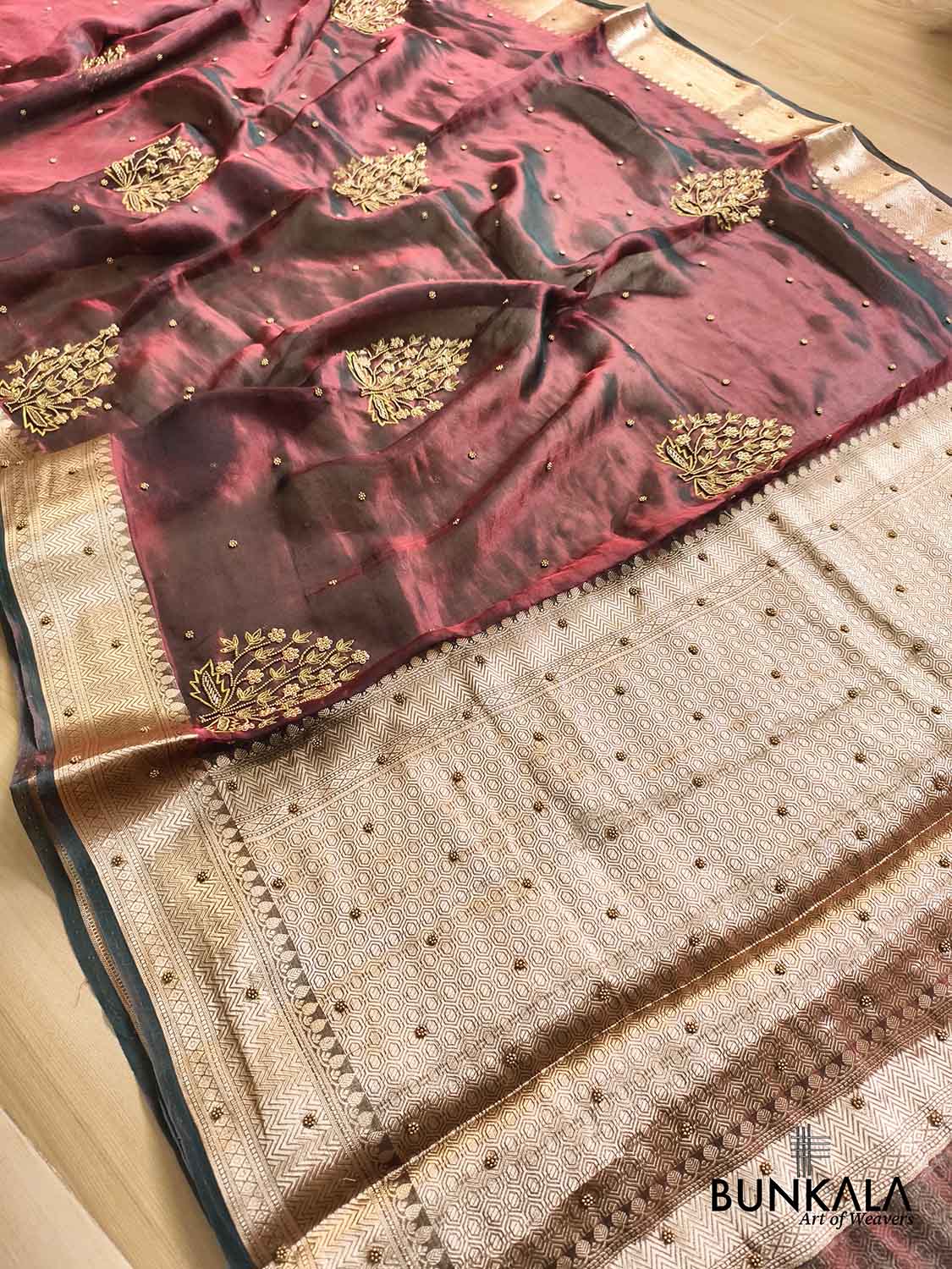 Maroon Pure Tissue Hand Embroidered Banarasi Saree