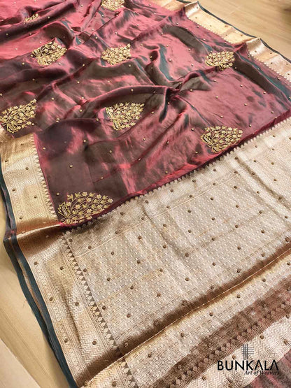 Maroon Pure Tissue Hand Embroidered Banarasi Saree