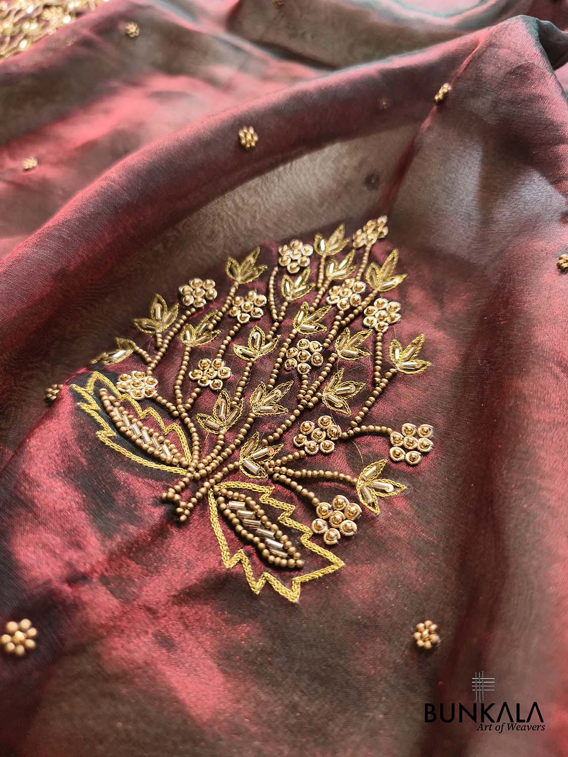 Maroon Pure Tissue Hand Embroidered Banarasi Saree
