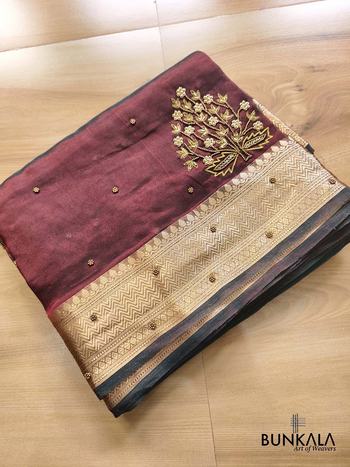 Maroon Pure Tissue Hand Embroidered Banarasi Saree