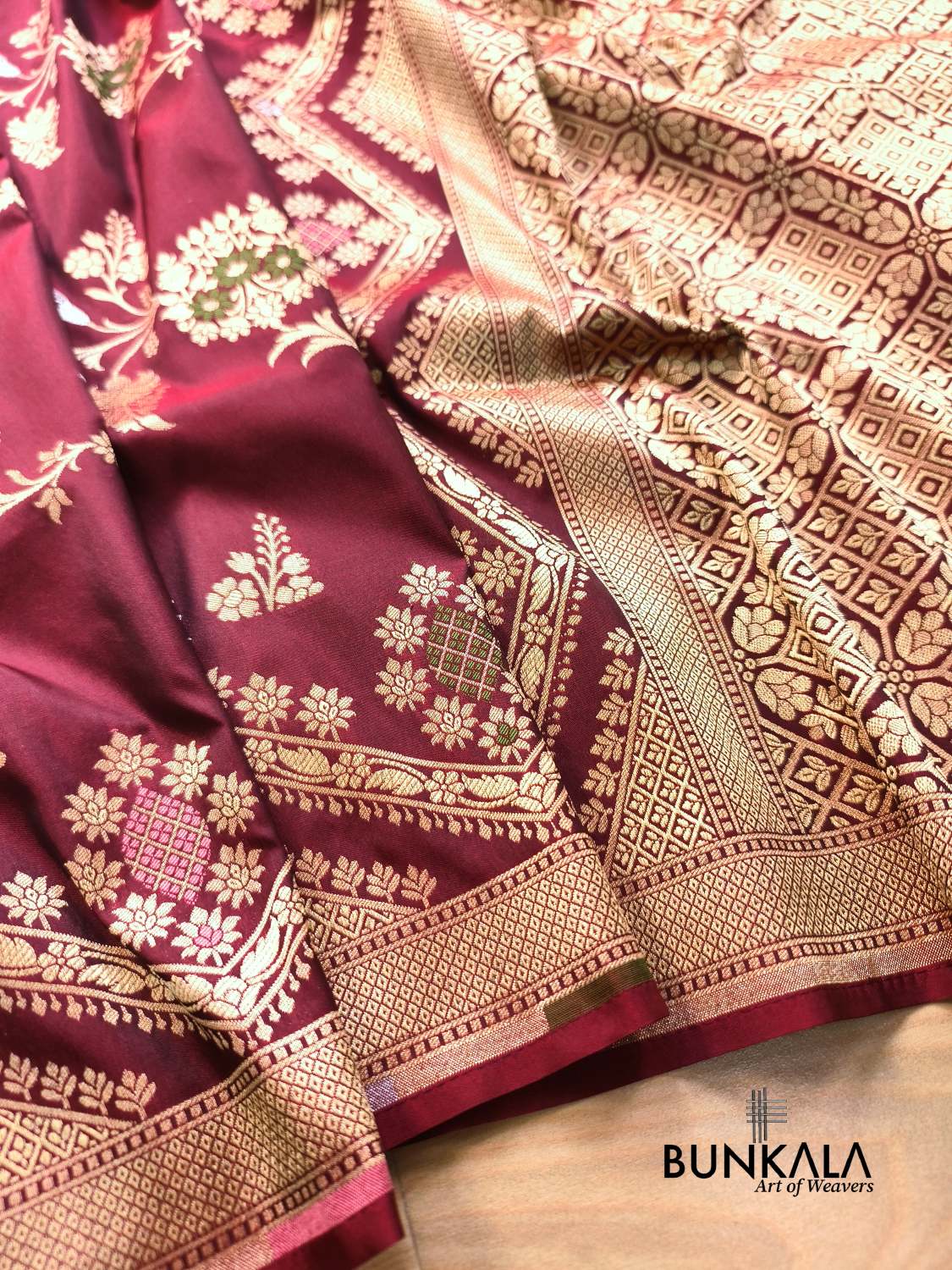 Maroon Sona Rupa Meena Temple Border Banarasi Silk Saree 