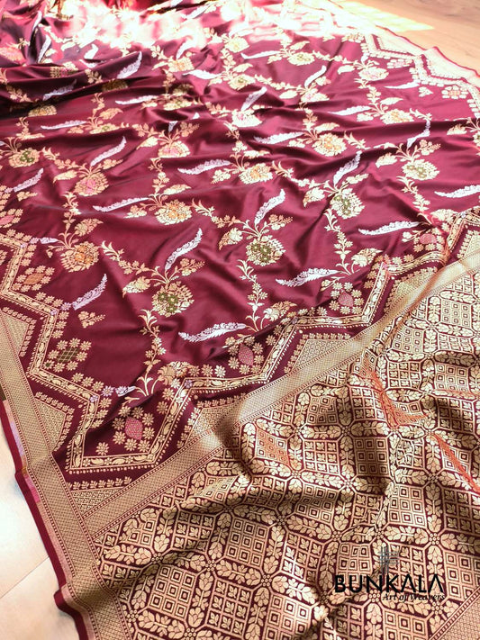 Maroon Sona Rupa Meena Temple Border Banarasi Silk Saree 