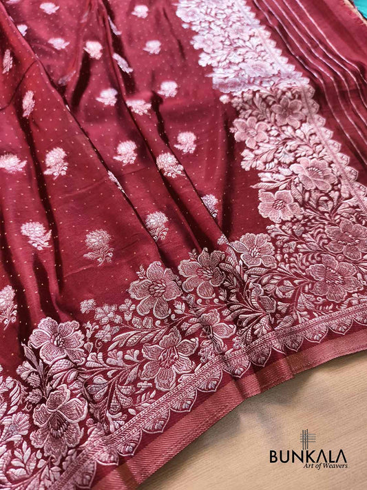 Maroon Vintage Silver Zari Banarasi Mashru Silk Saree