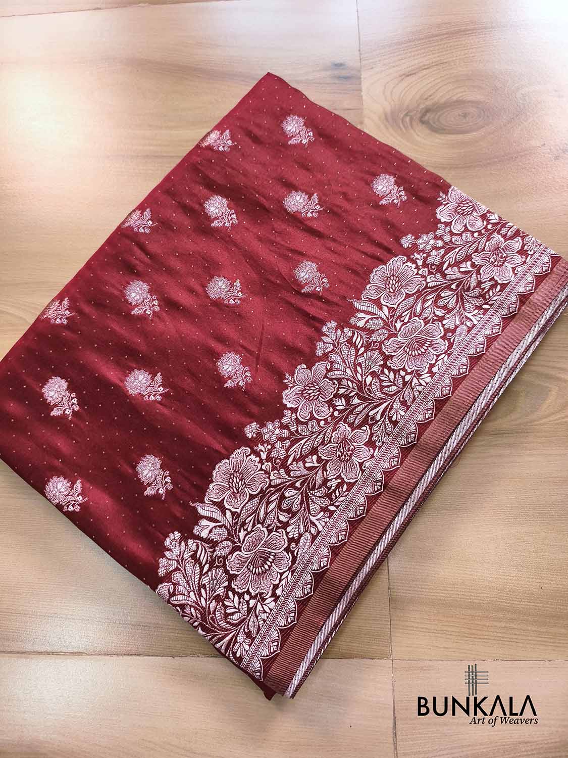 Maroon Vintage Silver Zari Banarasi Mashru Silk Saree