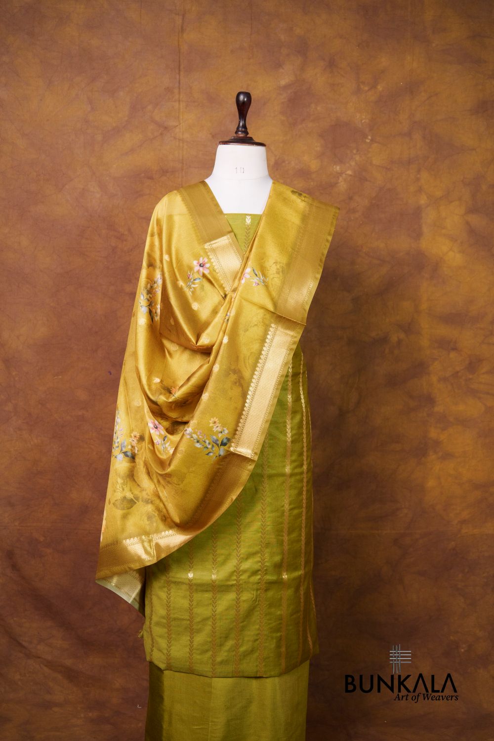 Mehendi Green Stripe Banarasi Pure Cotton Silk Unstitched Suit Set 