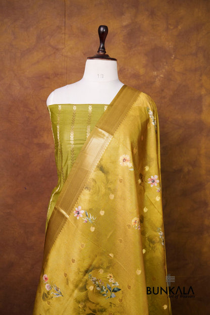 Mehendi Green Stripe Banarasi Pure Cotton Silk Unstitched Suit Set 