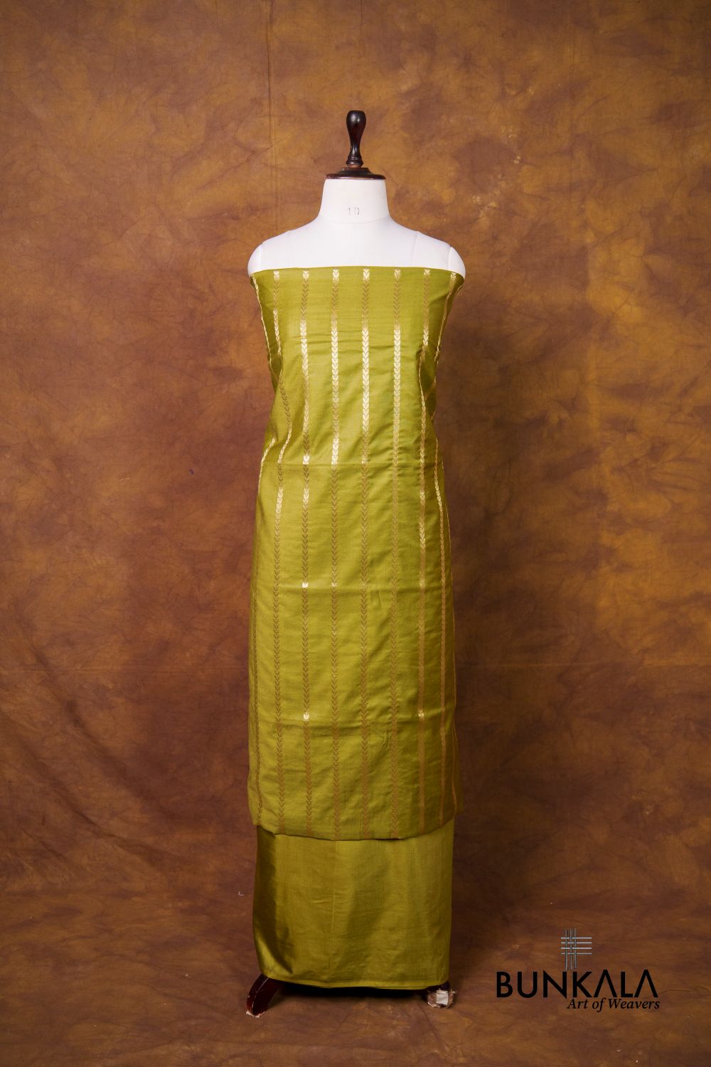 Mehendi Green Stripe Banarasi Pure Cotton Silk Unstitched Suit Set 