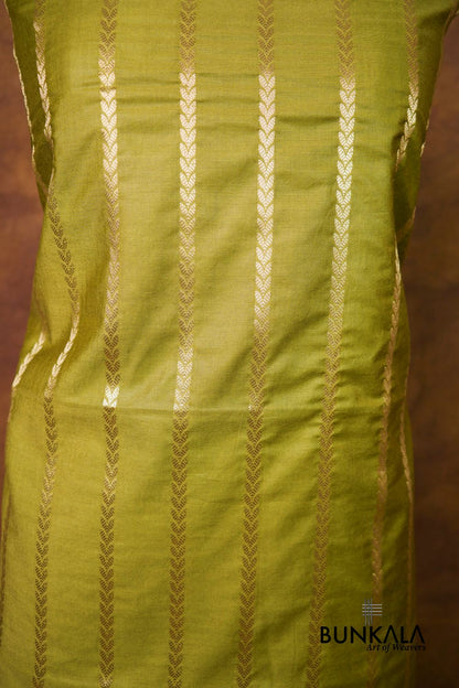 Mehendi Green Stripe Banarasi Pure Cotton Silk Unstitched Suit Set 