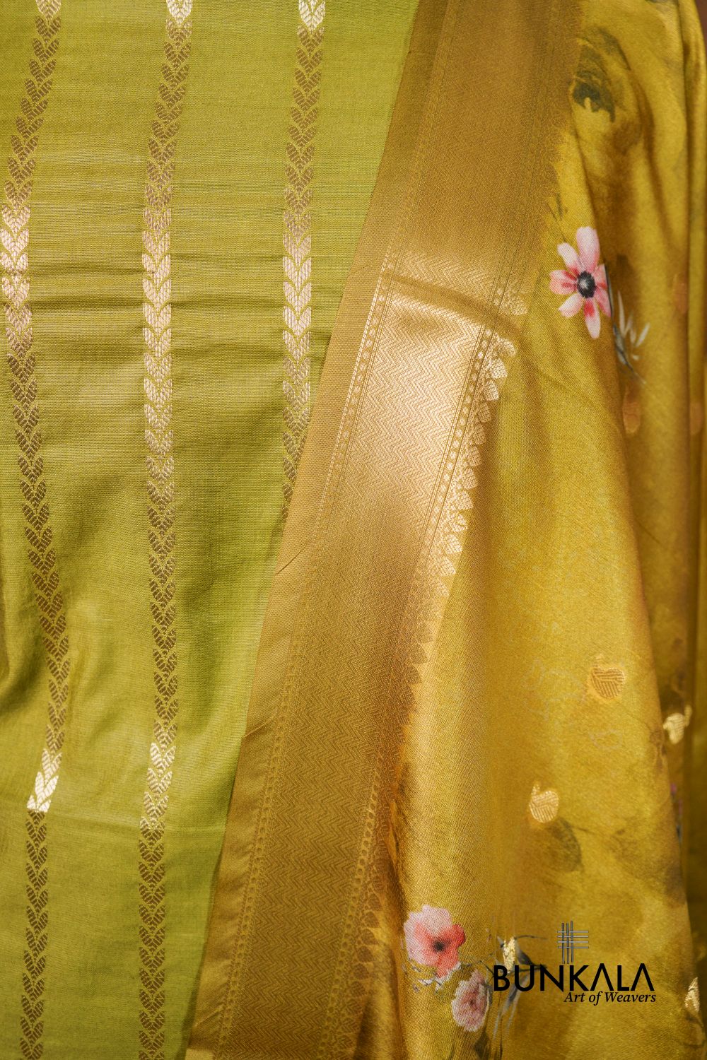 Mehendi Green Stripe Banarasi Pure Cotton Silk Unstitched Suit Set 