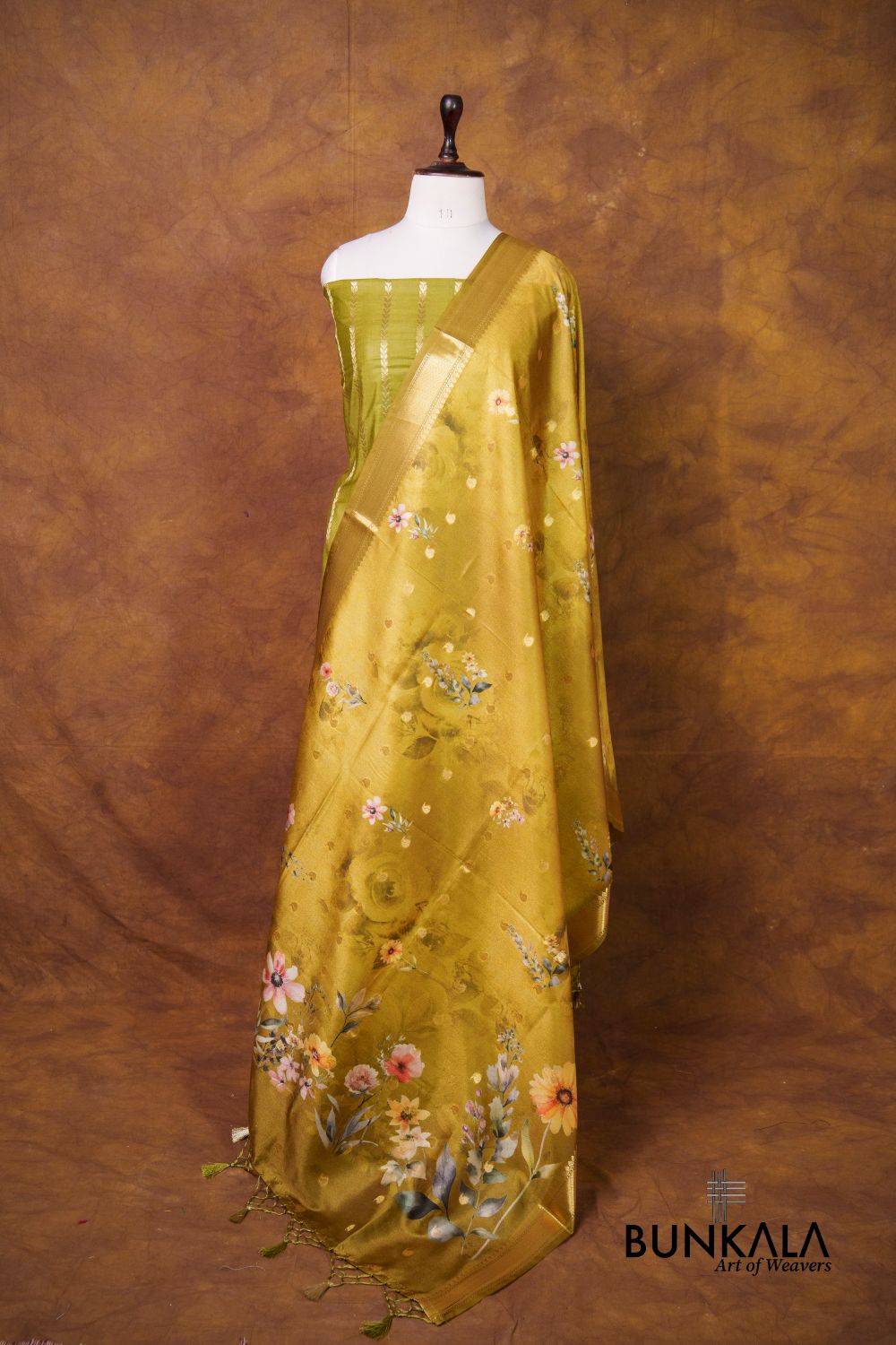 Mehendi Green Stripe Banarasi Pure Cotton Silk Unstitched Suit Set 