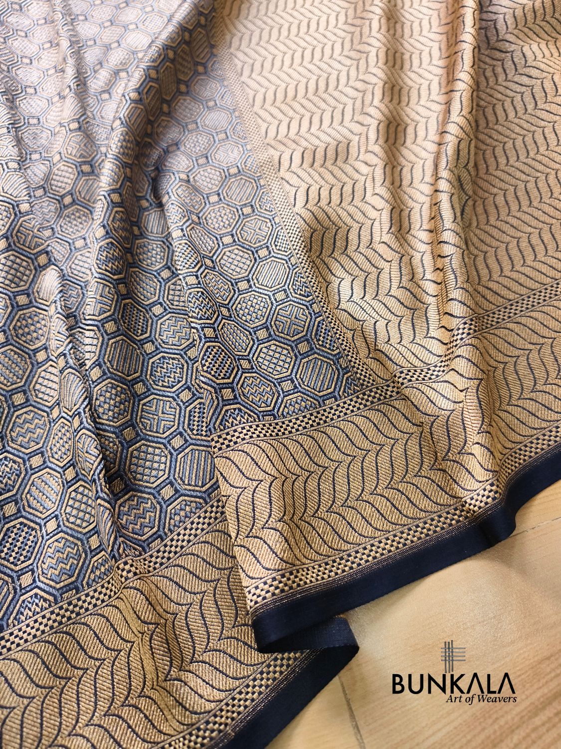 Midnight Blue Geometrical Brocade Banarasi Mashru Silk Saree