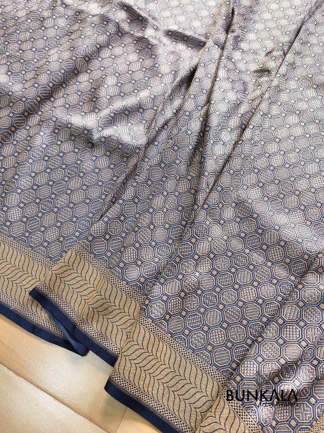 Midnight Blue Geometrical Brocade Banarasi Mashru Silk Saree