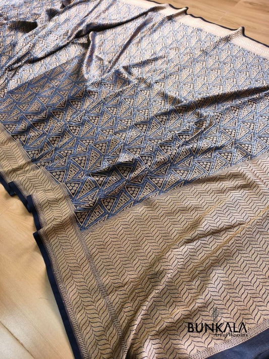 Midnight Blue Geometrical Brocade Banarasi Mashru Silk Saree