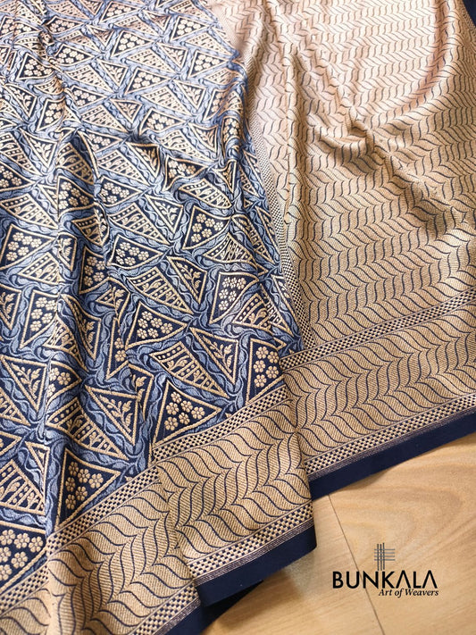 Midnight Blue Geometrical Brocade Banarasi Mashru Silk Saree