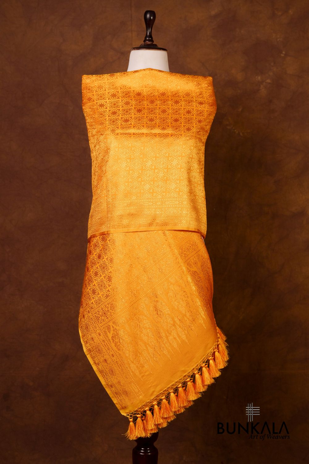 Mustard Yellow Flower Motifs Brocade Resham Weaved Banarasi Mashru Silk Dupatta 