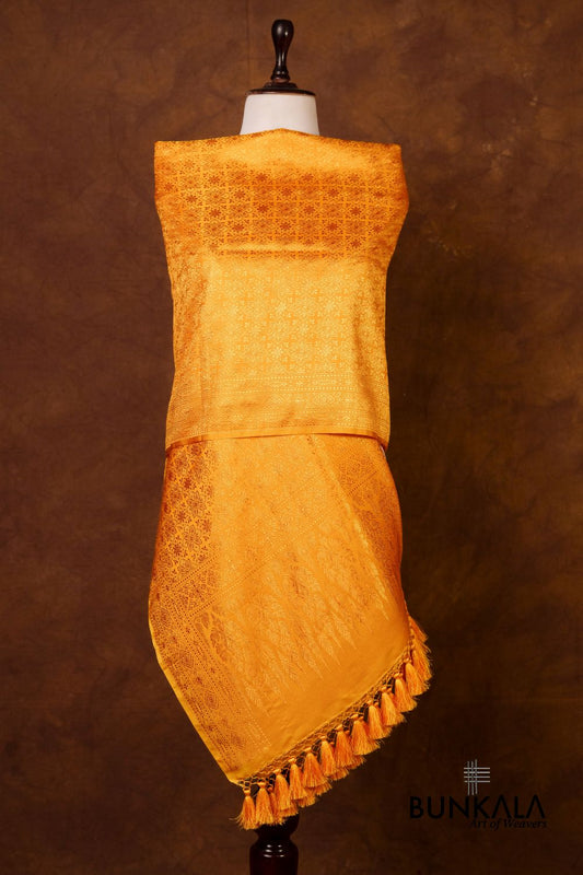 Mustard Yellow Flower Motifs Brocade Resham Weaved Banarasi Mashru Silk Dupatta 