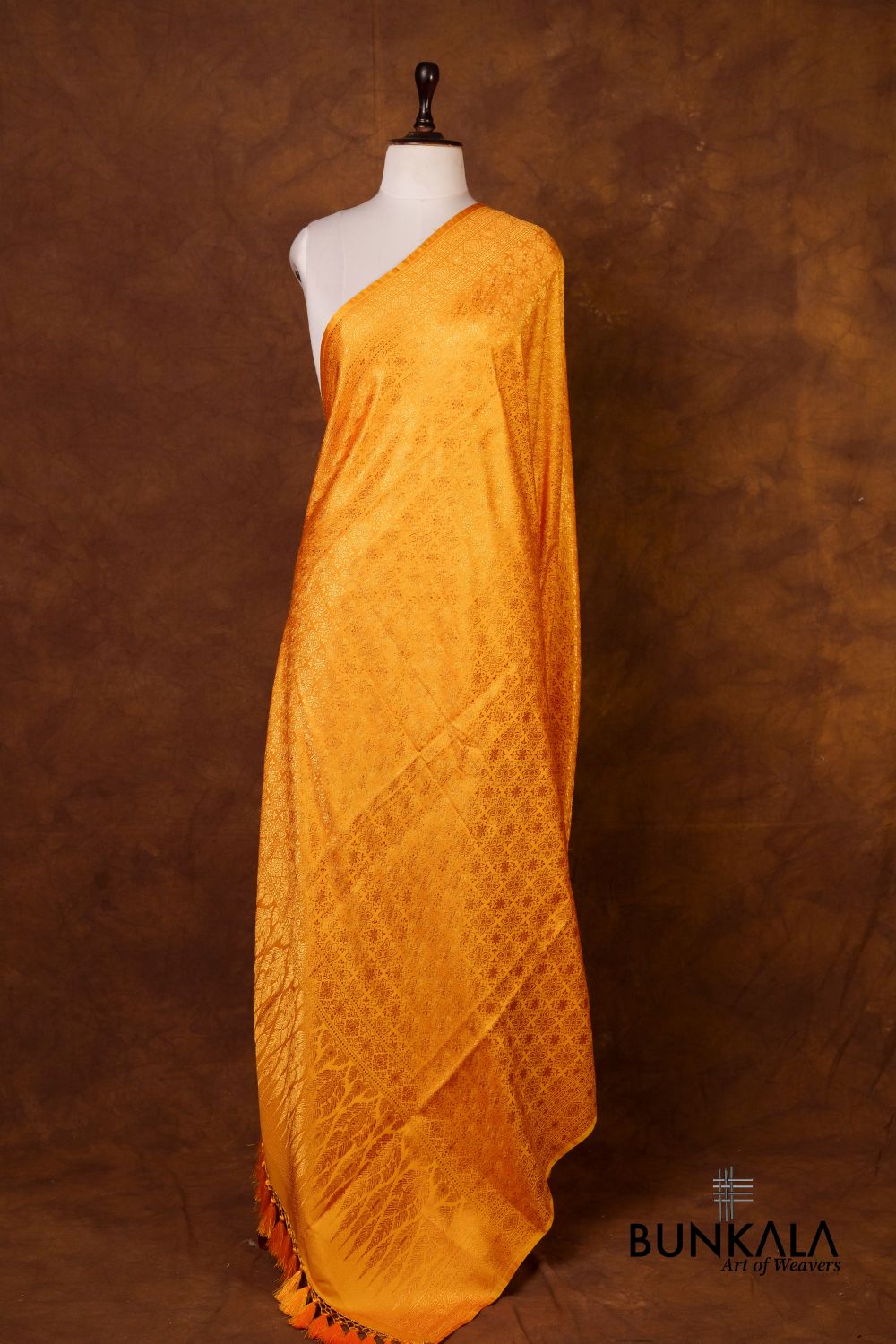 Mustard Yellow Flower Motifs Brocade Resham Weaved Banarasi Mashru Silk Dupatta 