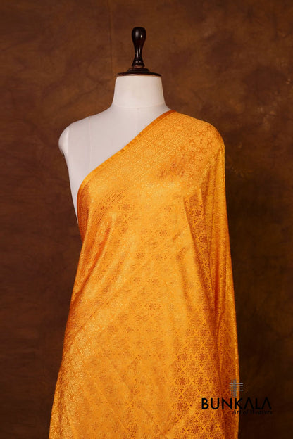 Mustard Yellow Flower Motifs Brocade Resham Weaved Banarasi Mashru Silk Dupatta 
