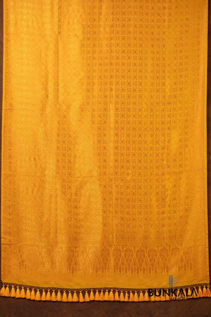 Mustard Yellow Flower Motifs Brocade Resham Weaved Banarasi Mashru Silk Dupatta 